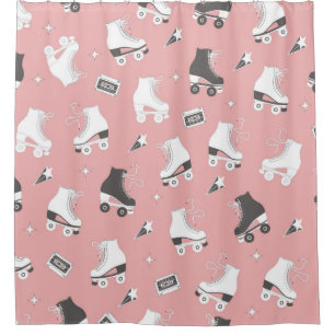 Seamless pattern with roller skates and cassette t shower curtain