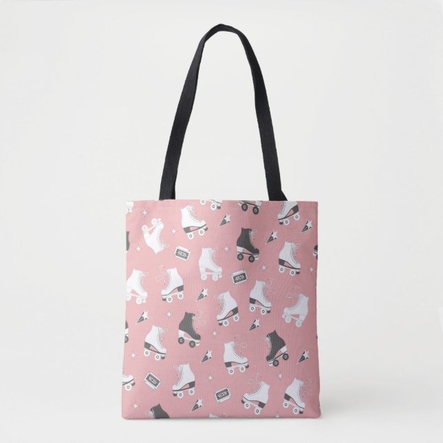 Seamless pattern with roller skates and cassette t tote bag (Front)