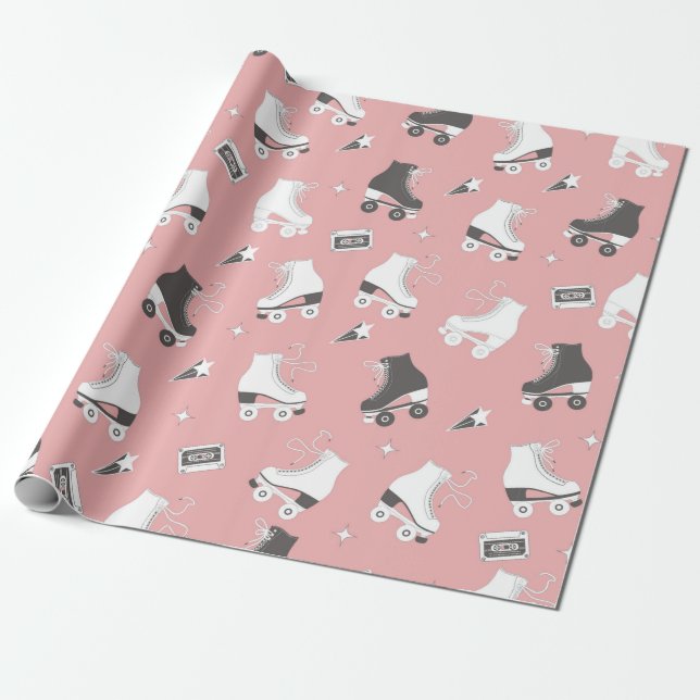 Seamless pattern with roller skates and cassette t wrapping paper (Unrolled)