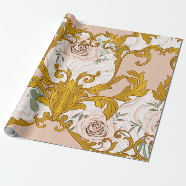 Seamless pattern with roses and baroque golden ele wrapping paper (Unrolled)