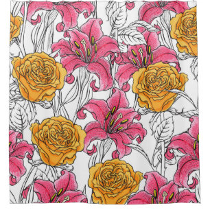 Seamless pattern with roses and lilies. Hand drawn Shower Curtain
