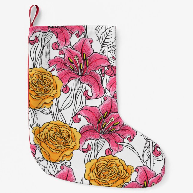 Seamless pattern with roses and lilies. Hand drawn Small Christmas Stocking (Front)