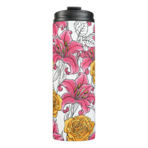 Seamless pattern with roses and lilies. Hand drawn Thermal Tumbler