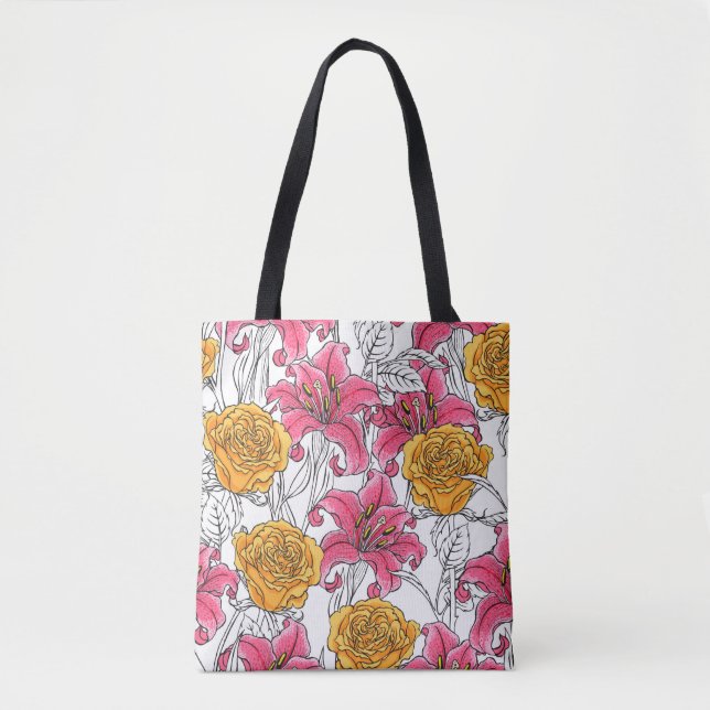 Seamless pattern with roses and lilies. Hand drawn Tote Bag (Front)