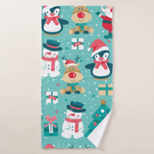 Seamless pattern with Santa Claus, snowman, deer, Bath Towel