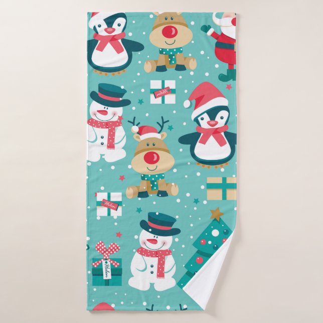 Seamless pattern with Santa Claus, snowman, deer,  Bath Towel (Bath Towel)