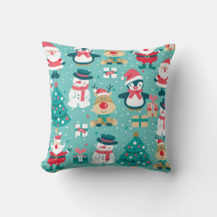 Seamless pattern with Santa Claus, snowman, deer, Cushion