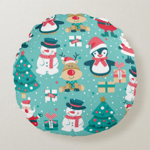 Seamless pattern with Santa Claus, snowman, deer, Round Cushion