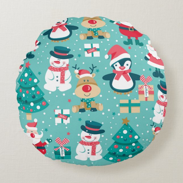 Seamless pattern with Santa Claus, snowman, deer,  Round Cushion (Front)