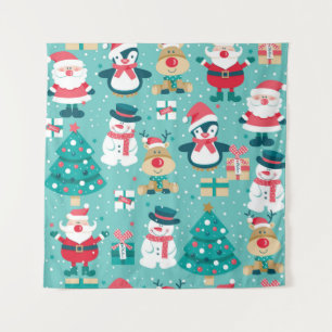 Seamless pattern with Santa Claus, snowman, deer, Tapestry