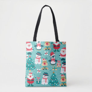 Seamless pattern with Santa Claus, snowman, deer, Tote Bag