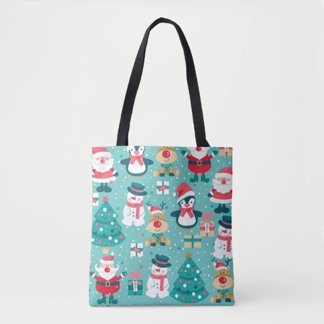 Seamless pattern with Santa Claus, snowman, deer,  Tote Bag (Front)