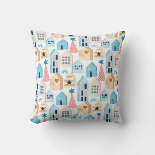 Seamless pattern with Scandinavian houses on white Cushion