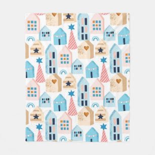 Seamless pattern with Scandinavian houses on white Fleece Blanket