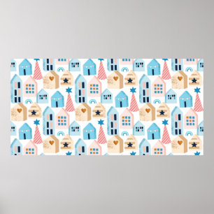 Seamless pattern with Scandinavian houses on white Poster