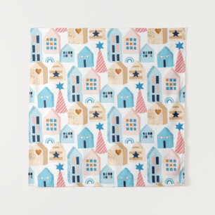Seamless pattern with Scandinavian houses on white Tapestry
