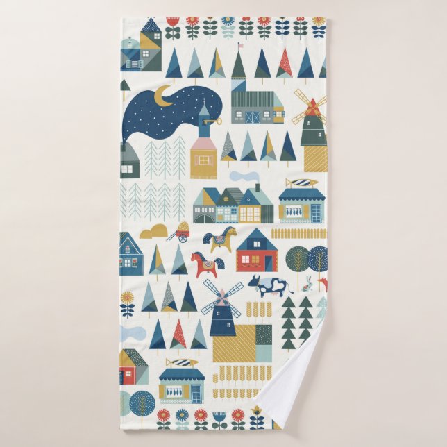 Seamless pattern with scandinavian village in past bath towel (Bath Towel)
