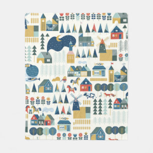 Seamless pattern with scandinavian village in past fleece blanket