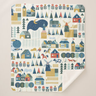 Seamless pattern with scandinavian village in past sherpa blanket