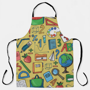 Seamless pattern with school supplies on a yellow apron
