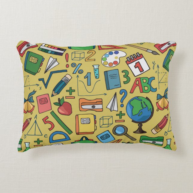 Seamless pattern with school supplies on a yellow  decorative cushion (Front)