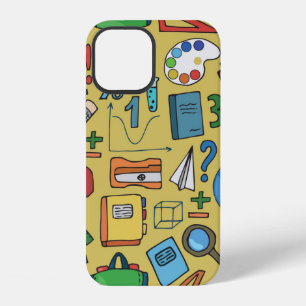 Seamless pattern with school supplies on a yellow iPhone 12 case