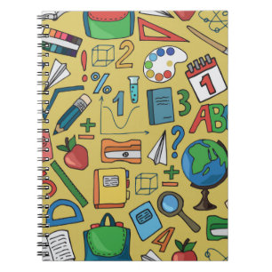 Seamless pattern with school supplies on a yellow notebook