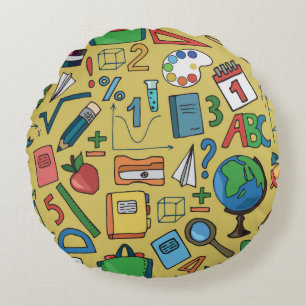 Seamless pattern with school supplies on a yellow round cushion