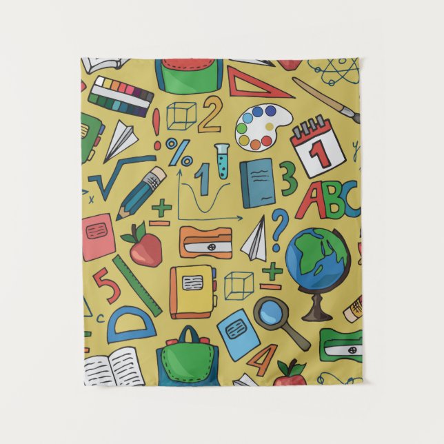 Seamless pattern with school supplies on a yellow  tapestry (Front)