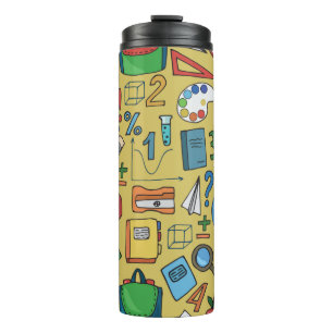 Seamless pattern with school supplies on a yellow thermal tumbler