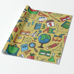 Seamless pattern with school supplies on a yellow  wrapping paper