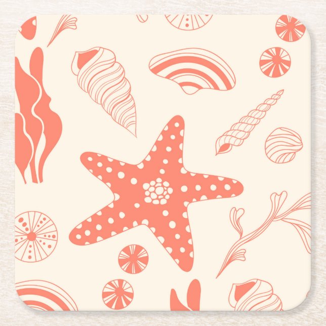 Seamless pattern with sea shells square paper coaster (Front)