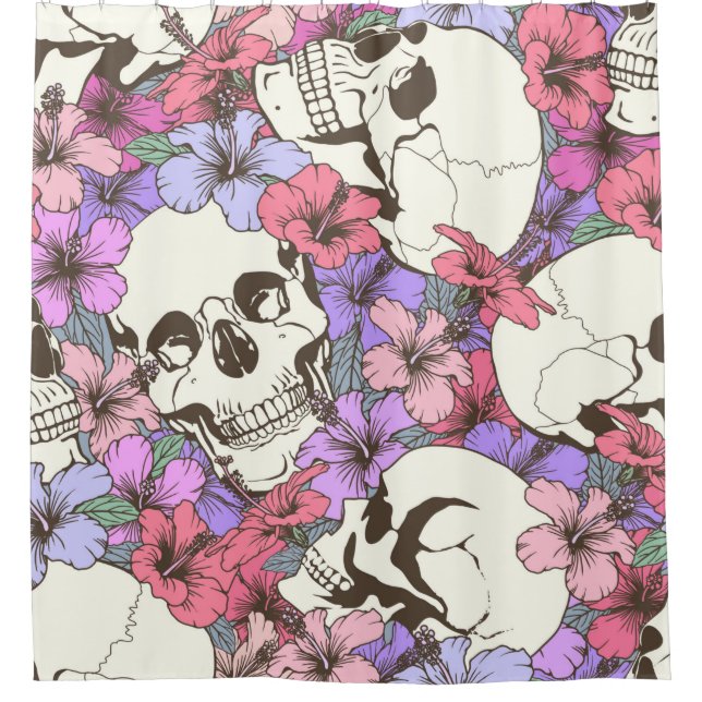 Seamless pattern with skulls fnd flowers shower curtain (Front)
