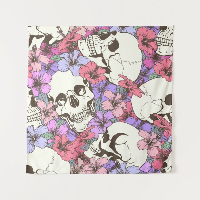 Seamless pattern with skulls fnd flowers tapestry (Front)