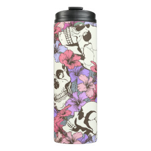 Seamless pattern with skulls fnd flowers thermal tumbler
