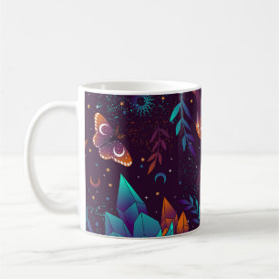 Seamless pattern with space butterfly, crystals, h coffee mug