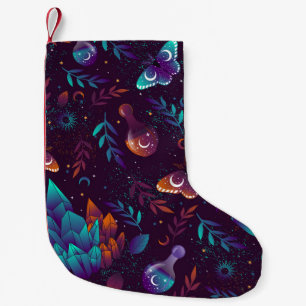Seamless pattern with space butterfly, crystals, h small christmas stocking