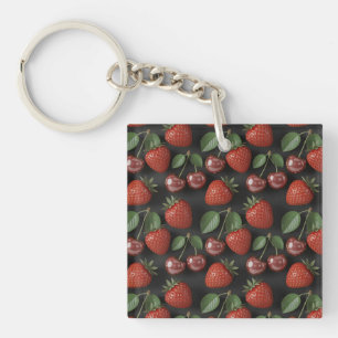 Seamless Pattern with Strawberries and Cherries Key Ring