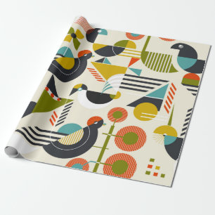 Seamless pattern with stylised birds in retro bauh wrapping paper