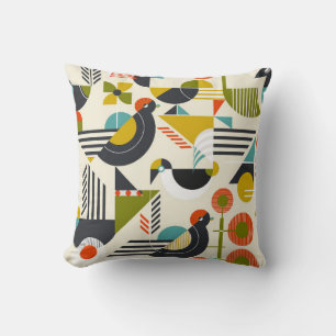 Seamless pattern with stylized birds in retro bauh cushion