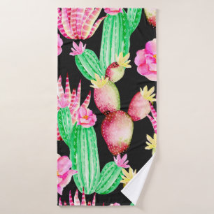 Seamless pattern with succulents. Watercolor cactu Bath Towel