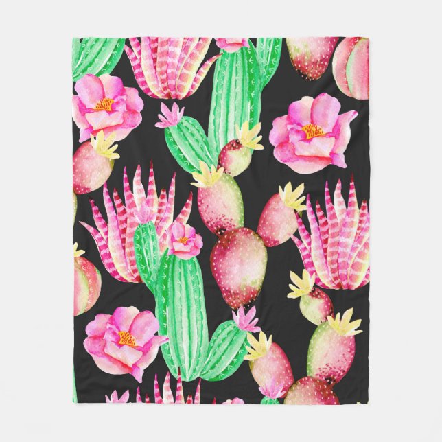 Seamless pattern with succulents. Watercolor cactu Fleece Blanket (Front)