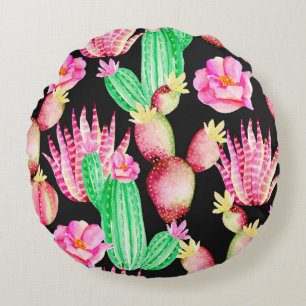 Seamless pattern with succulents. Watercolor cactu Round Cushion