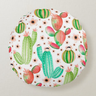 Seamless pattern with succulents. Watercolor cactu Round Cushion