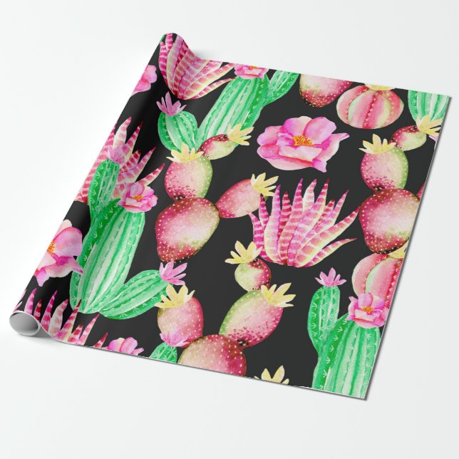 Seamless pattern with succulents. Watercolor cactu Wrapping Paper (Unrolled)