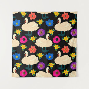 Seamless pattern with swans and flowers, hand draw tapestry