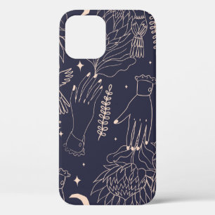 Seamless pattern with the outlines of hands, flowe iPhone 12 case