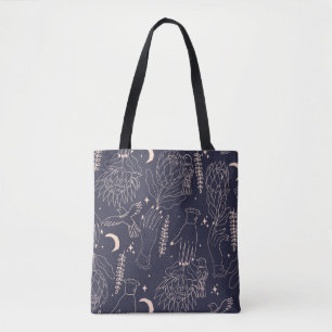 Seamless pattern with the outlines of hands, flowe tote bag