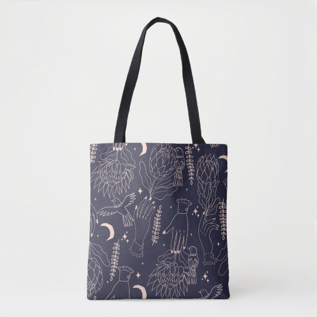 Seamless pattern with the outlines of hands, flowe tote bag (Front)