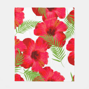 Seamless pattern with tropical flower, palm leave fleece blanket